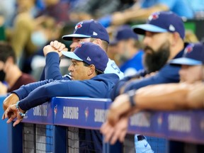 Blue Jays manager Charlie Montoyo looks on as his team plays the Baltimore Orioles in the eighth inning at the Rogers Centre on Sunday, Oct. 3, 2021 in Toronto.