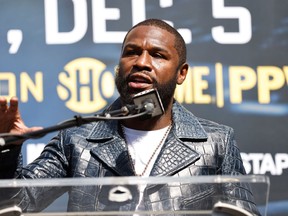 Floyd Mayweather speaks during a press conference ahead of the Gervonta Davis and Rolando Romero WBA Lightweight Championship fight on December 5, at Staples Center on October 21, 2021 in Los Angeles, California.
