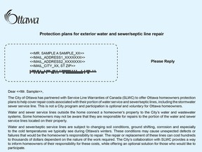 A sample letter that homeowners have been receiving from Service Line Warranties of Canada offering protection plans for water and sewer lines on their properties.