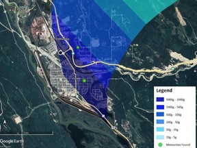 This map shows the area where dozens of small meteors likely landed in and around Golden B.C. on Oct. 3.