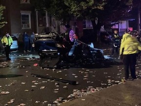 A car was flipped by revellers at a post-Panda street party on Russell Avenue, Oct. 2, 2021. Some residents said the vehicle was flipped multiple times.