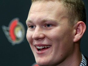 The Ottawa Senators' Brady Tkachuk talks to the media at Canadian Tire Centre in Ottawa Thursday.