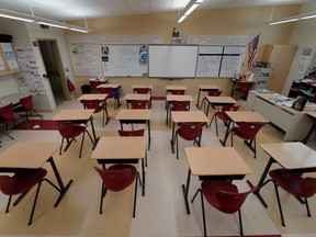 A school classroom sits empty.