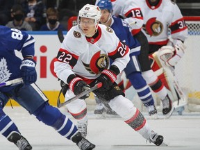 A file photo shows Senators defenceman Nikita Zaitsev in action against the Maple Leafs in Toronto.