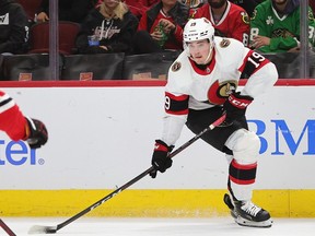 A file photo of Senators winger Drake Batherson, who was cleared to play at home against the Penguins on Saturday night after receiving a negative result on a COVID-19 test.