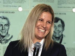 Kim St-Pierre takes part in a press opportunity prior to her induction into the Hockey Hall of Fame at the Hockey Hall Of Fame on November 12, 2021.