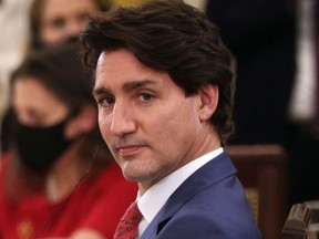 Canadian Prime Minister Justin Trudeau listens during the first North American Leaders' Summit (NALS) since 2016 in the East Room at the White House November 18, 2021 in Washington, DC.
