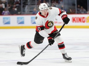 Lassi Thomson of the Ottawa Senators fires a shot on goal against the Colorado Avalanche on Monday night. Coach D.J. Smith was impressed with Thomson's play in the game.