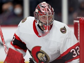 Filip Gustavsson (32) of the Ottawa Senators tends goal against the Colorado Avalanche in the second period at Ball Arena on November 22, 2021 in Denver, Colorado.