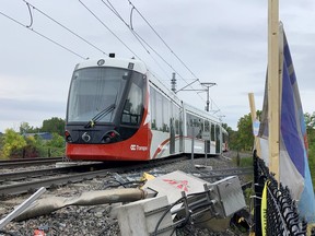 The LRT train that derailed west of Tremblay Station on Sept 19, 2021.