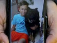 A closeup shows a phone-size photo of one of Christina Kennis' two beloved dogs, Chloe, with her 15-year-old son, Lucas.