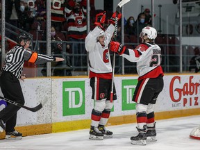 Ottawa 67's forward Vinzenz Rohrer celebrates the first of his two goals in the game last night at TD Place  Kingston won 4-3 in the shootout.