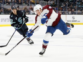 Cale Makar of the Colorado Avalanche shoots against Seattle Kraken.