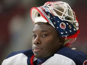 Fred Brathwaite playing for the Columbus Blue Jackets in 2004.