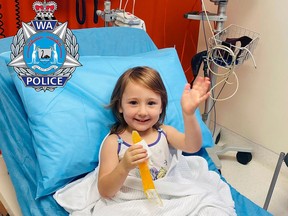 This handout photo taken and received on Nov. 3, 2021 from the Western Australian Police Force shows four-year-old Cleo Smith recovering in a hospital after she was abducted from her family's tent in Western Australia during the early hours of Oct. 16, sparking an extensive air, sea and ground search.