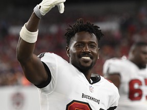 Antonio Brown of the Tampa Bay Buccaneers reacts during the second quarter against the Cincinnati Bengals during a preseason game at Raymond James Stadium on Aug. 14, 2021 in Tampa, Fla.