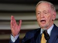 Former prime minister Jean Chretien introduces Prime Minister Justin Trudeau at an election campaign rally in Brampton on Sept. 14, 2021.