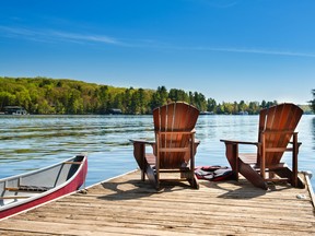 Two Muskoka chairs on a wooden dock overlooking the blue water of a lake in Muskoka.