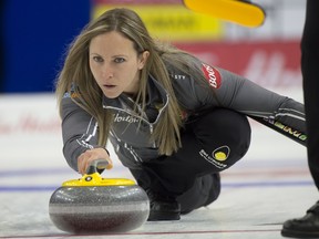 Skip Rachel Homan of Ottawa delivers a rock during the 2021 Canadian Curling Trials in Saskatoon.
