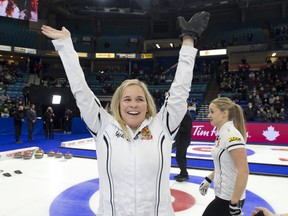 Saskatoon SK,November 28, 2021.Tim Hortons Curling Trials.Skip Jennifer Jones celebrates after guiding her team to a 6-5 extra end win over team Fleury to capture the woman's curling trials.