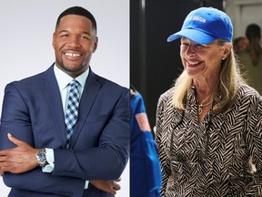 This combination of handout photos courtesy of Blue Origin obtained Nov. 23, 2021, shows GMA co-host Michael Strahan and Laura Shepard Churchley, the eldest daughter of Alan Shepard.