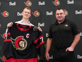 Brady Tkachuk (L), named Ottawa Senators team captain by Head coach D.J. Smith.