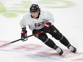 New Ottawa Senator Adam Gaudette, seen skating at practice on Tuesday, Nov. 30, 2021, says he's excited to be back at centre, where he's most comfortable.