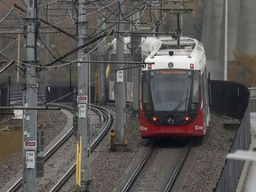 An LRT train in operation between Lees Station and uOttawa Station.