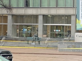 The scene of suspicious package on Wellington St at the Library and Archives Canada building.