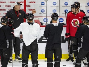 Ottawa Senators head coach D.J. Smith instructs his players during practice on Tuesday, Nov. 30, 2021. After a 1-10-1 November, the Senators want to get back on track in December.