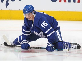Mitchell Marner #16 of the Toronto Maple Leafs warms up prior to action against the Colorado Avalanche in an NHL game at Scotiabank Arena on December 1, 2021 in Toronto.
