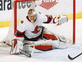 Goaltender Anton Forsberg of the Ottawa Senators defends the net against the Florida Panthers during first-period action at the FLA Live Arena on December 14, 2021 in Sunrise, Florida.