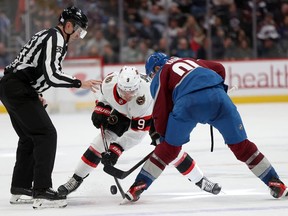 Josh Norris of the Senators faces off against Nazem Kadri of the Avalanche in the third period of the Nov. 22 game in Denver.