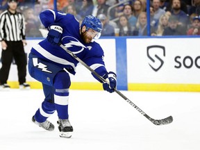 Tampa Bay Lightning defenceman Victor Hedman shoots and scores a goal against the Ottawa Senators.