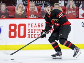 Ottawa Senators defenceman Jacob Bernard-Docker (48) playing against the Montreal Canadiens during second period NHL action at the Canadian Tire Centre.