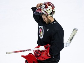 Ottawa Senators goaltender Filip Gustavsson during team practice on Tuesday, Nov. 30, 2021.