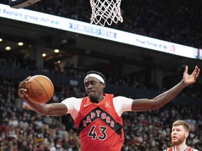 Toronto Raptors forward Pascal Siakam (43) tries to control the ball during the third quarter against the Washington Wizards at Scotiabank Arena.