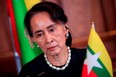 Myanmar's Aung San Suu Kyi attends the joint news conference of the Japan-Mekong Summit Meeting at the Akasaka Palace State Guest House in Tokyo October 9, 2018.