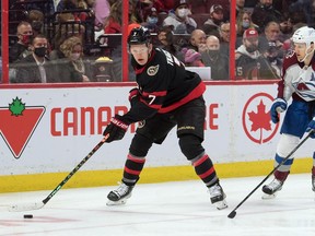 Ottawa Senators left wing Brady Tkachuk (7) skates with the puck in front of Colorado Avalanche centre Nathan MacKinnon (29) in the second period at the Canadian Tire Centre.