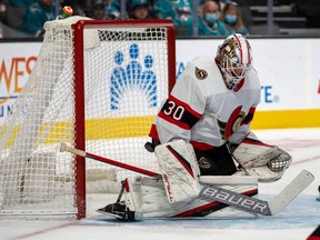 Senators netminder Matt Murray allows a goal in the second period of a Nov. 24 game against the Sharks in San Jose. He was placed on NHL waivers days later and is now with Bellevllle of the American Hockey League, where he was expected to play on Saturday night.