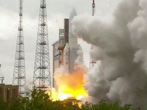 Arianespace's Ariane 5 rocket, with NASAÕs James Webb Space Telescope onboard, launches from EuropeÕs Spaceport, the Guiana Space Center in Kourou, French Guiana December 25, 2021 in a still image from video.