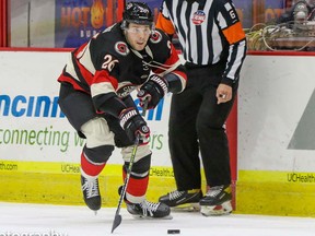 Cody Caron, seen here playing for Cincinnati Cyclones of ECHL. Caron was captain of Carleton Ravens but left school to turn pro because of COVID-19 restrictions.