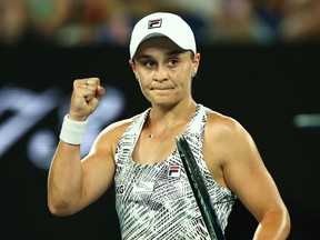 Ashleigh Barty of Australia celebrates winning her Women's Singles Semifinals match against Madison Keys of United States during day eleven of the 2022 Australian Open at Melbourne Park on January 27, 2022 in Melbourne, Australia.