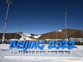 The logo of the Beijing 2022 games seen at The National Cross-Country Skiing Centre on January 28, 2022 in Zhangjiakou, China.