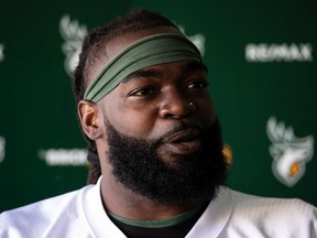 SirVincent Rogers (55) speaks to the media after a walkthrough at Commonwealth Stadium ahead of the team's Sept. 18th game versus the Winnipeg Blue Bombers in Edmonton, on Friday, Sept. 17, 2021.