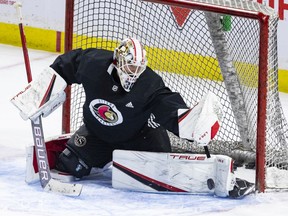 Matt Murray, shown here during a practice last week, is one of three goaltenders with the Senators for the road trip. Whether Murray starts Monday in Edmonton, or whether it's Filip Gustavsson, is a decision yet to be made by head coach D.J. Smith and goalie coach Zac Bierk.