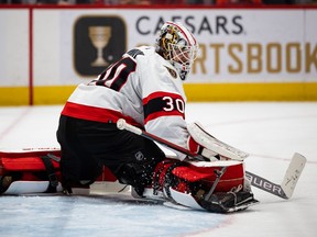 Senators goalie Matt Murray makes a kick save against the Washington Capitals during Saturday night’s game.