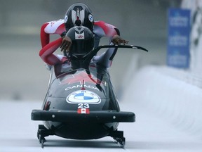 Cynthia Appiah and Dawn Richardson Wilson of Canada compete in the 2-woman Bobsleigh during the BMW IBSF World Cup Bob & Skeleton 2021/22 at Veltins Eis-Arena in Winterberg, Germany, Dec. 12, 2021.