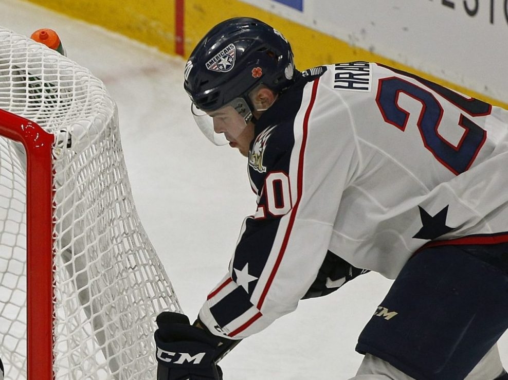 Krystof Hrabik is seen playing for the Tri-City Americans of the WHL in 2019.