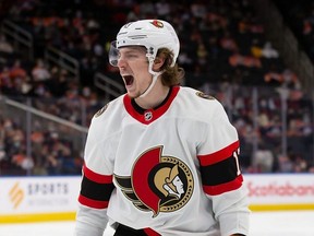 Adam Gaudette of the Ottawa Senators celebrates one of his team's five third-period goals against the Edmonton Oilers at Rogers Place on Jan. 15, 2022 in Edmonton.